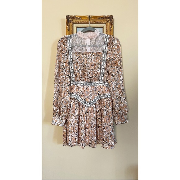 SHEIN Mini Floral Printed High Neck Ruffle Lace Trim Long Sleeve Mini Dress XS 2 - Picture 14 of 16